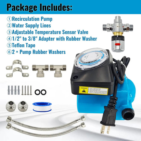Instant Hot Water Recirculating Pump Kit For Tank Water Heaters with smart thermal bypass valve and accessories shown.