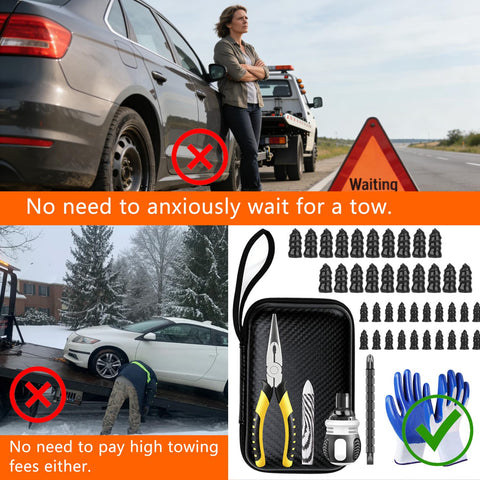 Tire Screw Plug Repair Kit No Tire Removal Sidewall Compatible Patch Plug Tool With Portable Storage Bag shown beside tow truck.