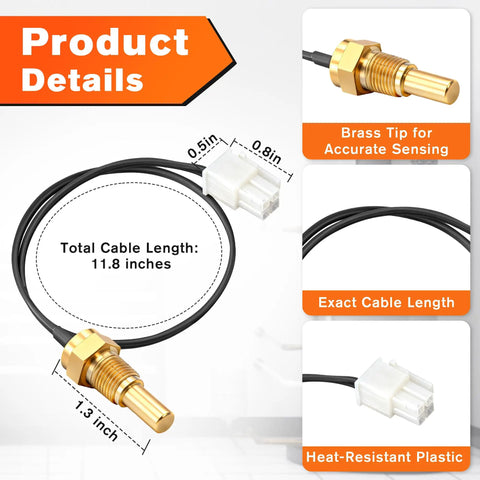 Water Heater Chamber Sensor Thermistor Replacement AP19299, brass tip, exact 11.8-inch cable, for Rheem Ultra Low Nox heaters.