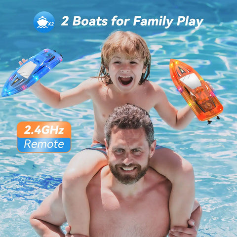 Father and son playing in a pool with kid-friendly RC boat for pool and lakes totally fun waterproof remote control boat two point four GHz wireless with dual batteries for sixty minutes play time rechargeable battery low battery alarm 2 pack.