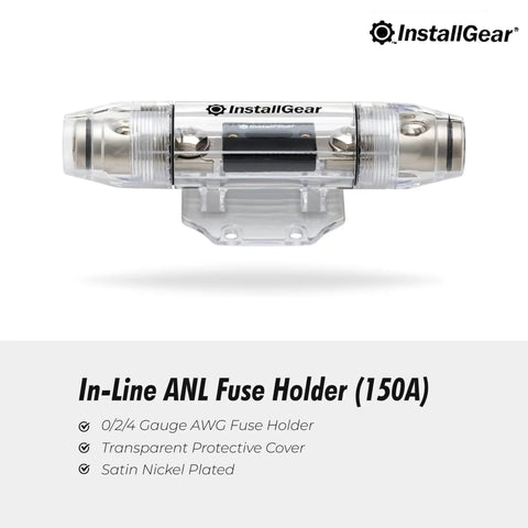 Heavy Duty 150 Amp Inline Anl Fuse Holder For 0 2 4 Awg Wiring With Clear Cover, satin nickel plated, transparent cover.
