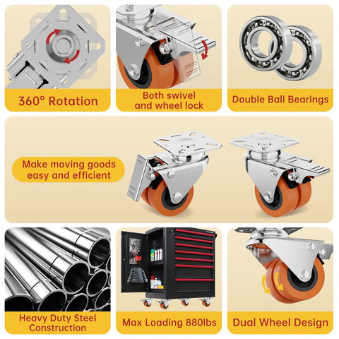 Heavy Duty 2 Inch Swivel Caster Wheels Set Of 4 Locking Plate Built Tough Rock Solid Design Precision Ball Bearing Steel Frame With Hefty Load Capacity, showcasing dual wheel design and 360 rotation.