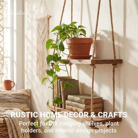 Rustic DIY hanging shelf with plant, using 1 Inch By 100 Foot Hemp Rope Heavy Duty 4 Strand Twisted Twine, natural decor setting