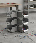 Mobile Double Sided Parts Bin Rack Handy Portable PP Plastic Organizer For Small Hardware And Electronics Parts Workshop And Garage Storage with Easy Access From Both Sides, shown with dimensions and visible screws as contents