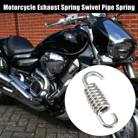 Two stainless steel motorcycle exhaust pipe springs with hooked ends; 43mm (1.69") size, chrome finish.