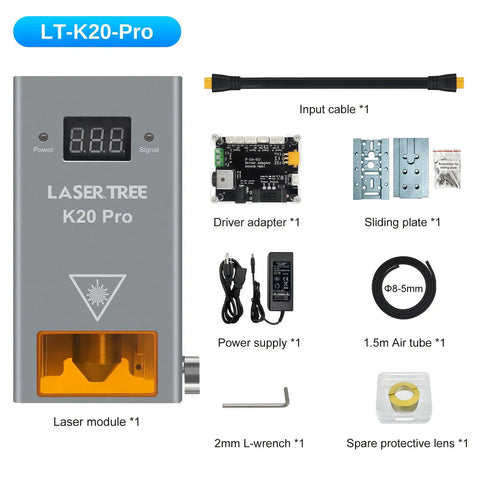 Real 20W Diode Laser Module for DIY engraver cutter with accessories including cable, driver adapter, and protective lens.