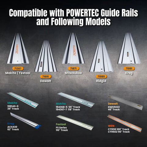 Track Saw Guide Rail Connector Set For Festool Makita DeWalt And Triton Pack Of 2 with compatible models displayed in chart.