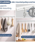 Self Adhesive Ceiling Curtain Track 10.9 Feet White No Screws No Drill Ceiling Mount Easy Peel And Stick Installation Works On Smooth Walls Curtain Track System For Drapes And Window Treatments. White adhesive track with side-mounted pulleys and hooks for hanging towels and kitchen utensils.