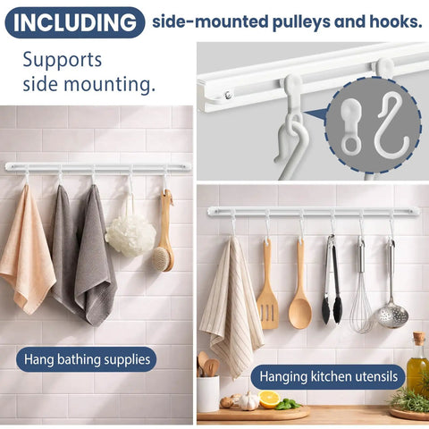 Self Adhesive Ceiling Curtain Track 10.9 Feet White No Screws No Drill Ceiling Mount Easy Peel And Stick Installation Works On Smooth Walls Curtain Track System For Drapes And Window Treatments. White adhesive track with side-mounted pulleys and hooks for hanging towels and kitchen utensils.