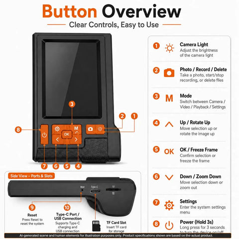 Dual Lens 4.3 Inch Endoscope Borescope With 1080P Photo And Video button overview, showing camera controls and ports, ideal for HVAC.