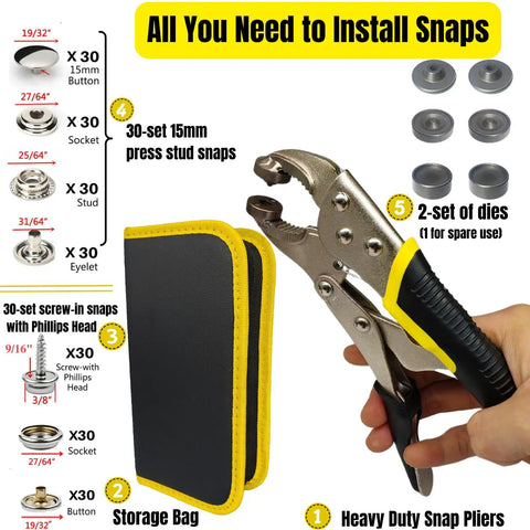 Heavy Duty Snap Fasteners Kit For Boat Covers And Outdoor Fabric, 60 Metal Marine Snaps With Pliers, 15mm Press Studs
