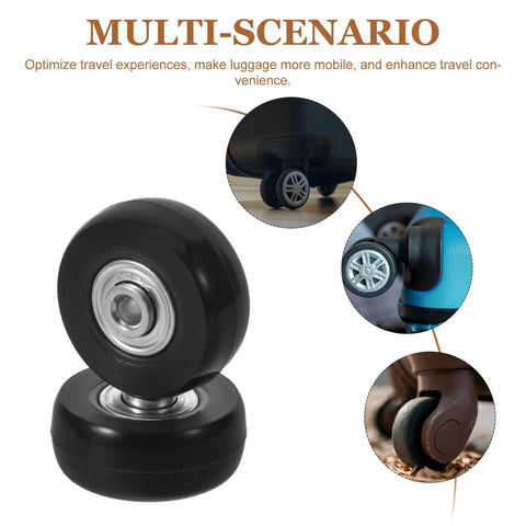 Upgrade Suitcase Game With 4 Sets Luggage Wheels Replacement Kit Silent Ball Bearings Smooth Glide No Whines Easy DIY Fits Most Bags Fixes Broken Casters Zip Terminals Stress Free Sweet Ride Zero Squeaks Keep Rolling Smooth black luggage wheel with ball bearing and suitcase caster close-up