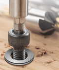 Flat washers, 304 stainless steel, close-up of washer being pressed onto bolt.