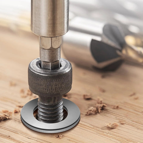 Flat washers, 304 stainless steel, close-up of washer being pressed onto bolt.
