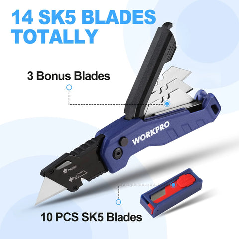 WORKPRO blue folding utility knife with aluminum handle and quick-change blade; includes blade storage and extra SK5 blades.