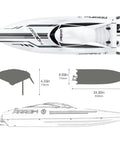 Massive 25 Inch RC Boat With Brushless Water Cooled Motor Reaches 30 MPH, top and side view schematics with measurements