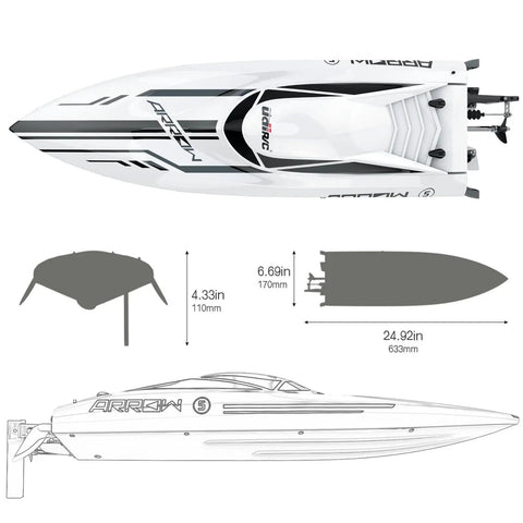Massive 25 Inch RC Boat With Brushless Water Cooled Motor Reaches 30 MPH, top and side view schematics with measurements