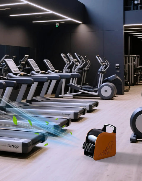 Heavy Duty Air Mover Blower Fan For Drying, Cooling, And Ventilating at gym, 355 CFM, orange unit in front of treadmills
