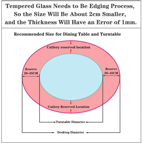 Diagram of 31 Inch To 35 Inch Tempered Glass Lazy Susan Turntable with Quiet Aluminum Base showing recommended sizing and cutlery reserve