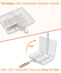 Deep Stainless Steel Grill Basket With 3 Section Dividers And Detachable Handle shown with 180° rotatable opening
