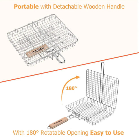 Deep Stainless Steel Grill Basket With 3 Section Dividers And Detachable Handle shown with 180° rotatable opening