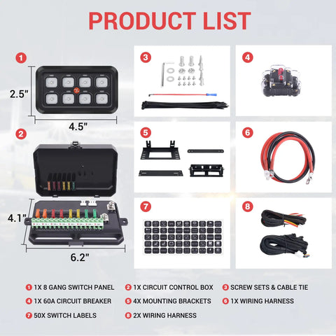 Product list for 8 Gang Switch Panel With Blue LED Touch Control For Trucks ATVs UTVs Boats And Campers Universal Momentary Switch