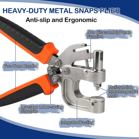 Must Have Leather Snap Fasteners Kit With Press Pliers, ergonomic metal pliers with orange and black handles, 90 snap sets