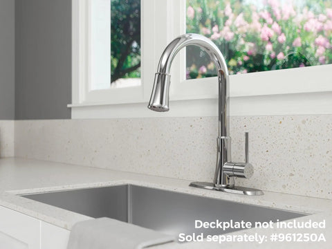 Pfirst Series Pull-Down Kitchen Faucet With Sprayer, Single Handle, High Arc Spout, Polished Chrome Finish, Model G529PF2C on countertop