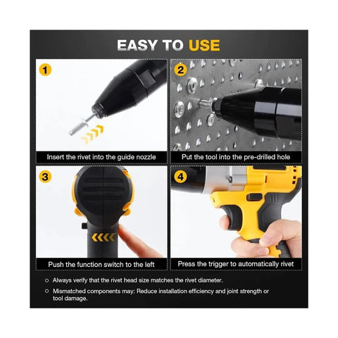 Steps to use Cordless Brushless Rivet Gun Kit With LED Light, 3 Nosepieces, 150 Rivets, Case, Pop Rivet Tool For Aluminum Iron And Stainless Steel
