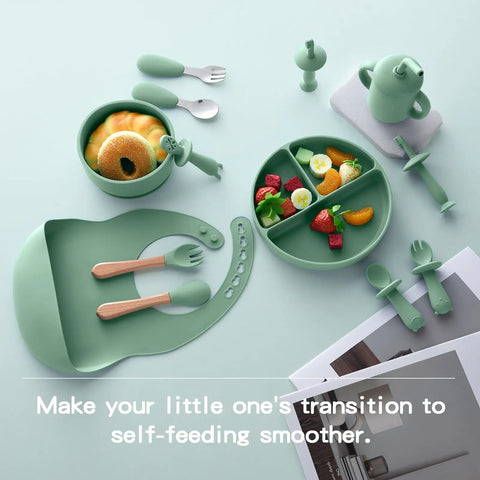 Ultra Safe Silicone Baby Feeding Set 13 Piece With Suction Bowl And Plate Spoons And Forks Bib And Cup Baby Toothbrush Weaning Kit