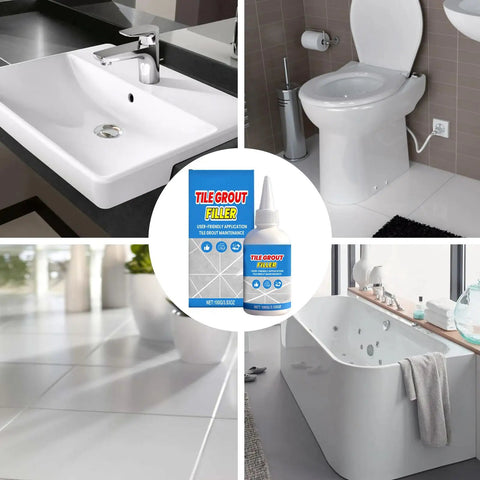 Fix Ceramic Gaps Fast With Heavy Duty Tile Filler Cream, 100g Waterproof Quick Dry Paste shown with sink, toilet, floor, and bathtub.