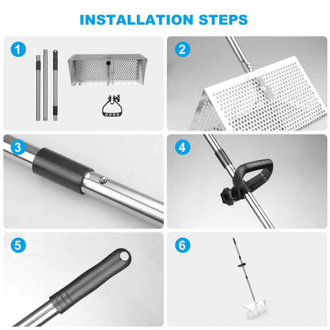 Installation steps for Beach Sand Rake Set With Detachable 52 Inch Handle And 16 Inch Mesh Screen, stainless steel parts
