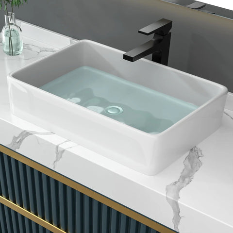 Rectangular Vessel Sink 24x16 White Ceramic Porcelain Above Counter Vanity Bowl Built To Last Durable No Fuss Easy To Clean Scratch Resistant High Gloss Finish For Modern Bathrooms on marble countertop with modern faucet