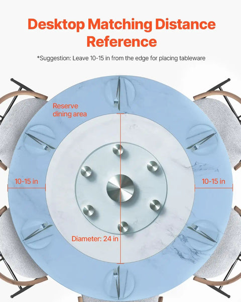 Top view of 24 Inch Glass Lazy Susan Turntable With 6 Rotating Wheels, Tempered Glass Centerpiece For Dining Tables, suggested placement