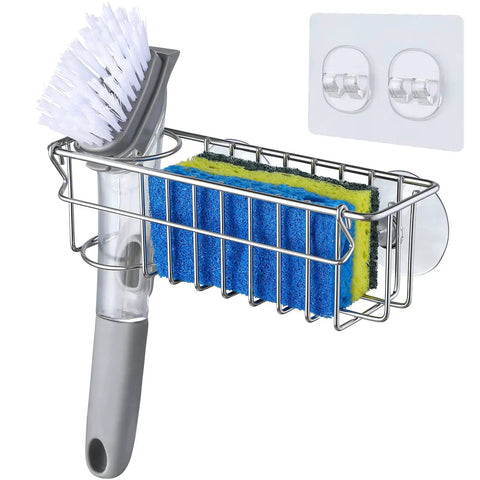 Heavy Duty 304 Stainless Steel 3 In 1 Kitchen Sink Sponge Caddy With Grip Tight Suction And Quick Peel Stick Mounts For Sponges Brushes And Cleaning Supplies Zero Drilling Required