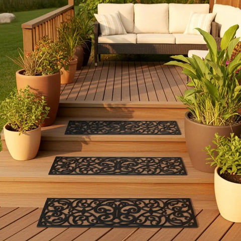 Outdoor deck with Grippy No Slip Butterfly Stair Traction Treads Set Of 4 Black Rubber Mats Iron Grill Look