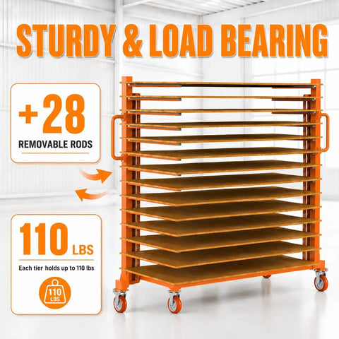 Heavy Duty Expandable Paint Drying Rack For Cabinet Doors With Smooth Casters And Hella Solid Steel Frame For Commercial Millwork And Serious Woodworking Projects Daily featuring 28 removable rods and 110 lbs capacity per shelf.