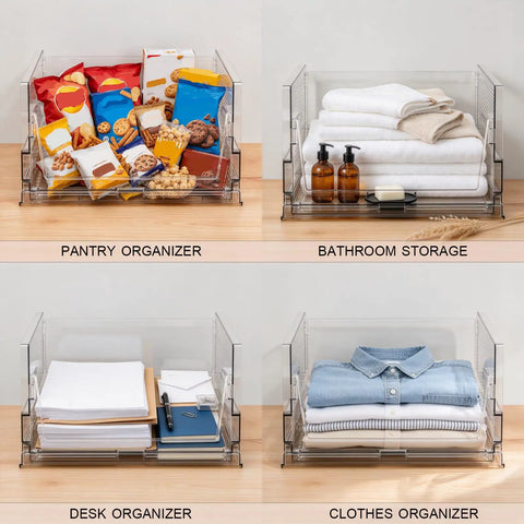 Xlarge Stackable Storage Bins 2 Pack Clear Crystal PET Baskets for Max Vertical Closet Space in various organized uses.