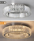 Crystal Ceiling Light Chandelier LED Flush Mount With Three Color Temperatures, shown off and on displaying sparkling effect