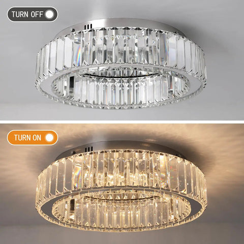 Crystal Ceiling Light Chandelier LED Flush Mount With Three Color Temperatures, shown off and on displaying sparkling effect