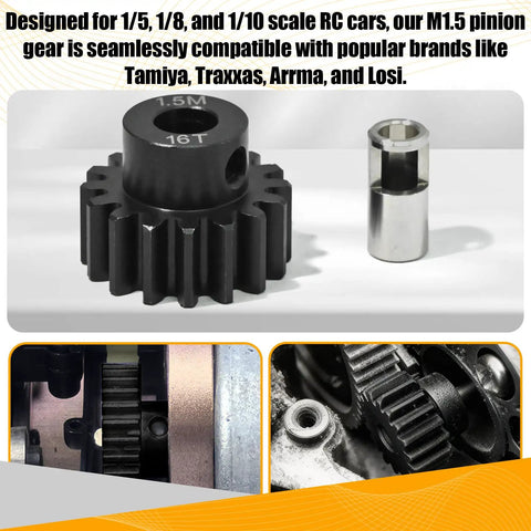 M1.5 16T Pinion Gear with 8mm Bore and Shaft Adapter Sleeve in Beefy Chromium Steel for Big Scale RC Cars