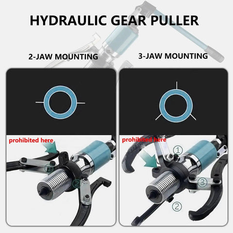 Beefy 5 To 50 Ton Hydraulic Gear Puller Kit With 2 Jaw And 3 Jaw Heads, industrial strength steel, prohibited mounting guide