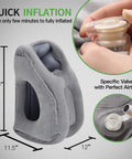 Ergonomic Inflatable Travel Pillow For Planes With Neck Support And Comfy Head Rest dimensions and inflation valve details shown
