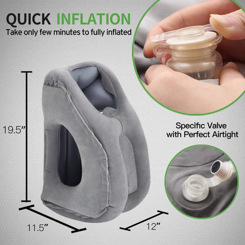 Ergonomic Inflatable Travel Pillow For Planes With Neck Support And Comfy Head Rest dimensions and inflation valve details shown