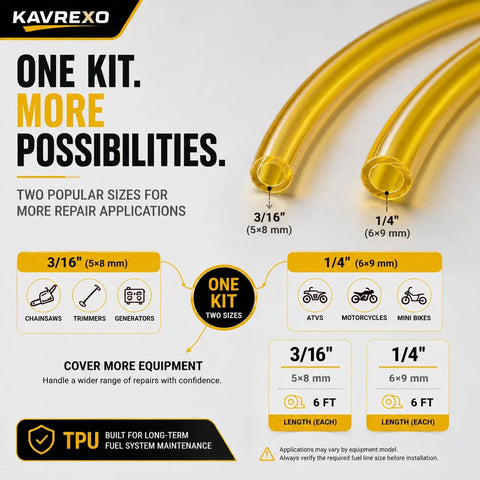 Top Tier TPU Fuel Line Kit 3/16 And 1-4 Inch With 8 Heavy Duty Clamps For Small Engines Lawmowers Trimmers And Chainsaws Flexible Durable Performance Gear, yellow tubing