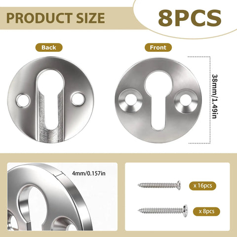 Set Of Eight Heavy Duty Newel Post Fasteners With Concealed Mounting Brackets And Coarse Thread Screws For Rigging Stair Railings To Posts Dead Nuts Guarantee Knockout Hold showing front and back view of fasteners with dimensions.