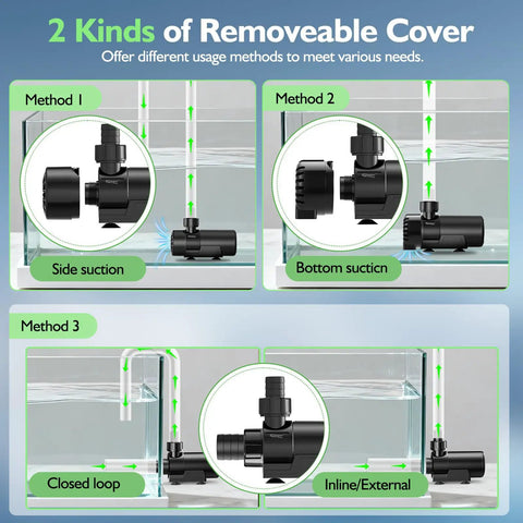 Diagram of Workhorse Amphibious Water Pump With Controller showing 2 inlet covers, side and bottom suction methods.