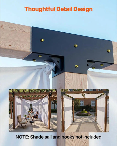 Heavy Duty 3 Way Pergola Brackets Kit For 4x4 Wood Beams 3.5x3.5 Inch T Shape Connectors with screws installed outdoors