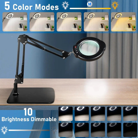10X Magnifying Lamp With Light And Stand For Reading Crafts Jewelry Sewing, Handy LED Desk Clamp Lamp With Base, 5 Color Modes