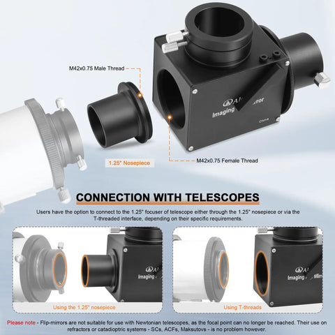 Detailed view of 1.25 Inch Flip Mirror For Telescope Eyepiece And Camera Adapter with T-threads and connection options.